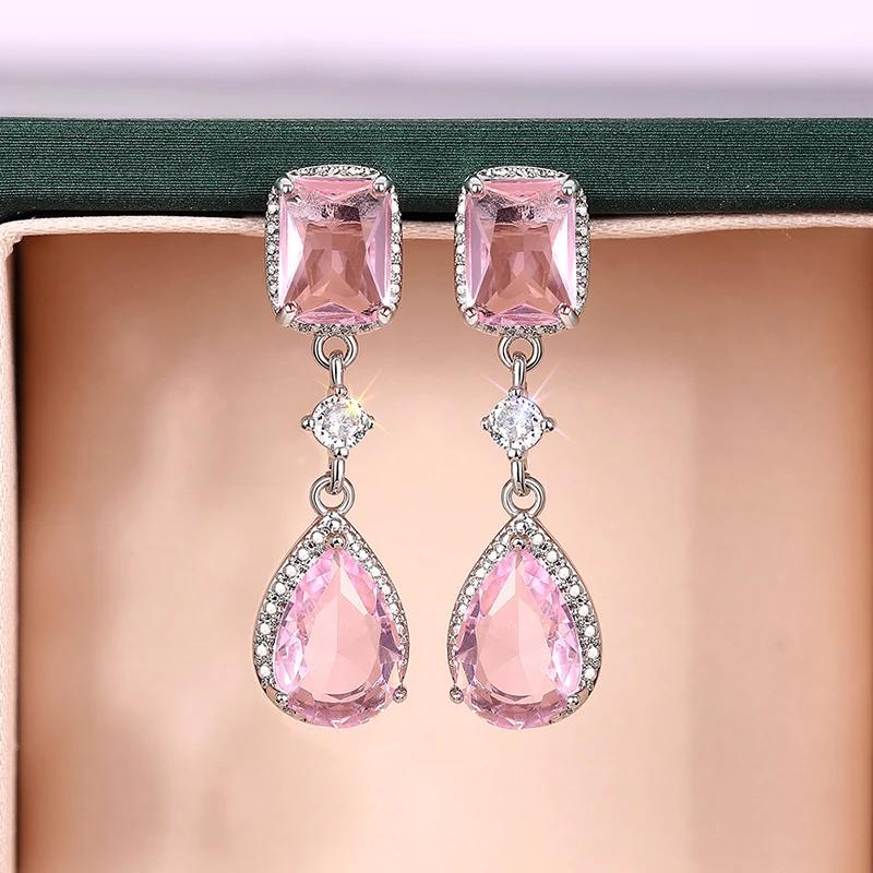 

2026 Fresh Pink/Yellow Cubic Zirconia Dangle Earrings for Women Temperament Elegant Female Engagement Wedding Zircon