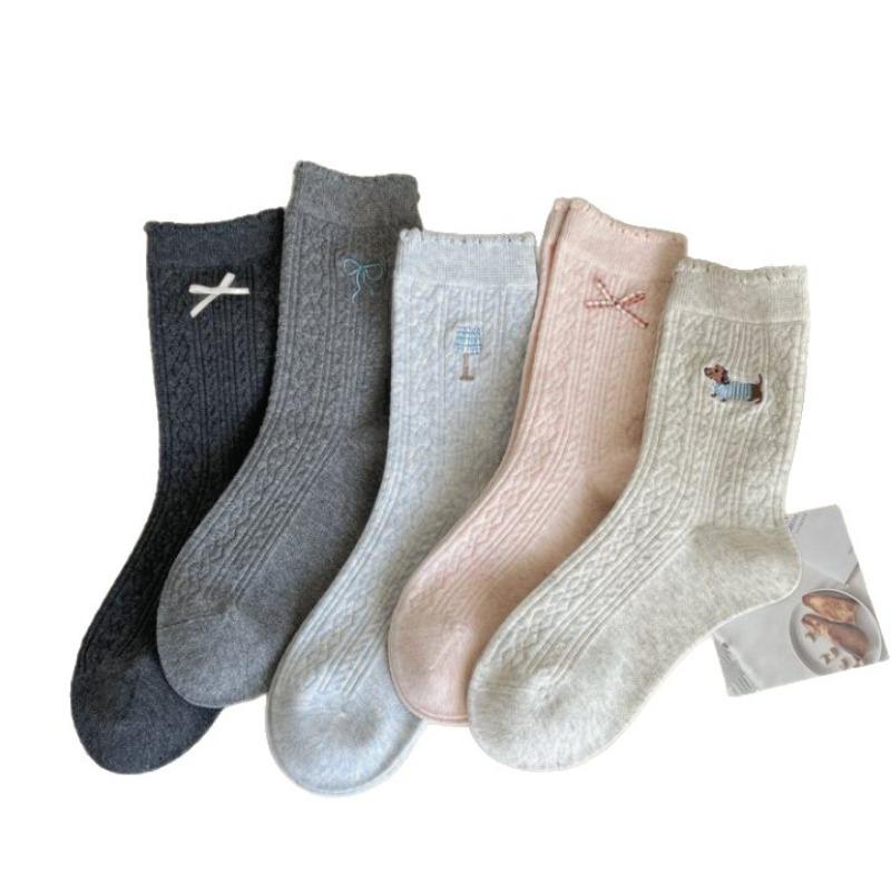 Autumn Socks, Bow Embroidery, Solid Color Lace, Pile Socks, Cotton Mid-calf Socks for Women