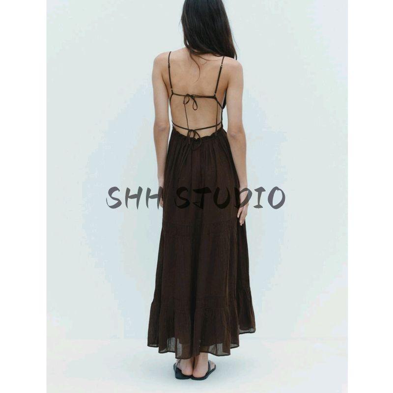 Summer New Product Women's Clothes Vacation Style Cotton Bowknot Decoration Tulle Open Back Midi Skirt Dress 0881220