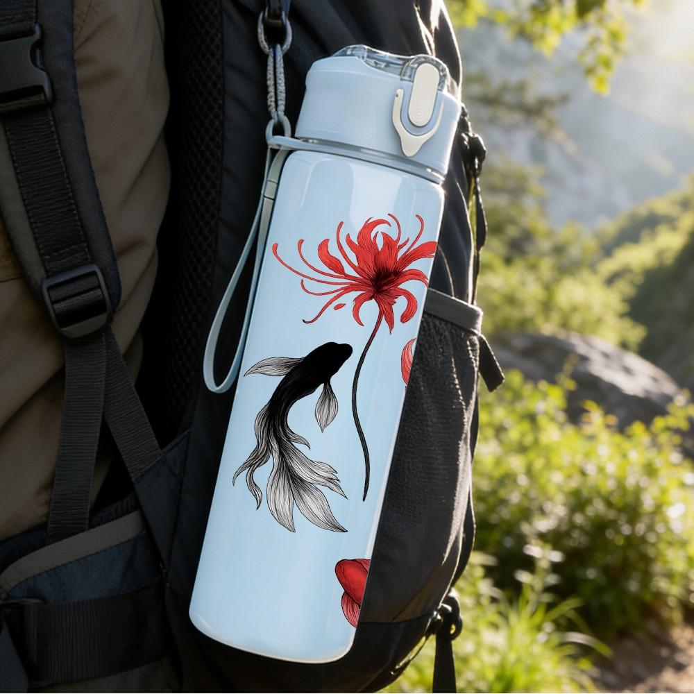 1PC Red Koi Fish And Lotus Art 750ml Color Plastic Sports Water Bottle Leakproof Flip Straw Lid Suitable for Sports Office Home Use