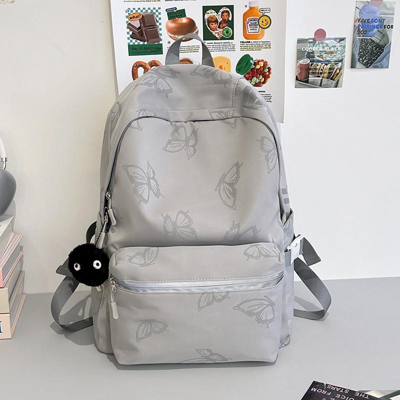 

Simple Solid Color Butterfly Pattern Student Backpack With Plush Pendant For School And College Students L