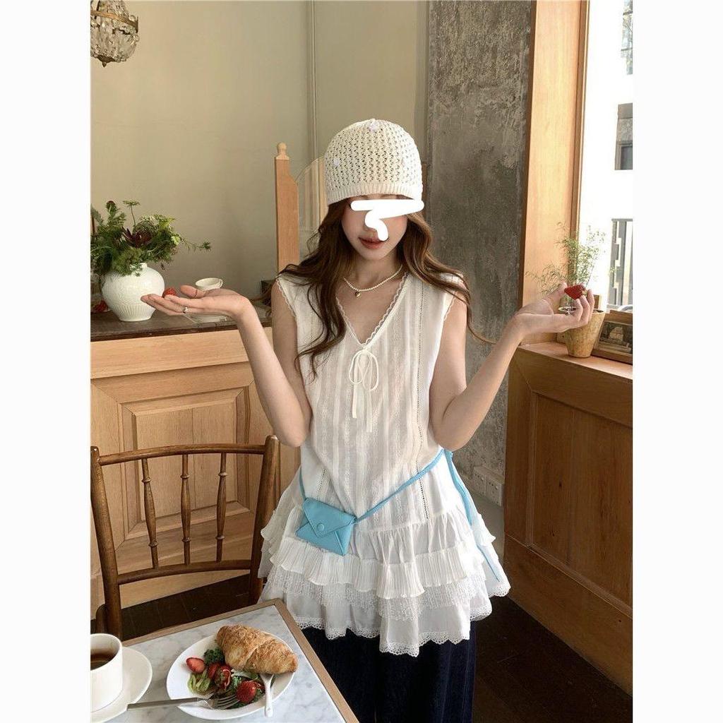 Women's Spring Lace Trim Casual Vest Dress & Loose Long Sleeve Camisole Top Set - Fresh White