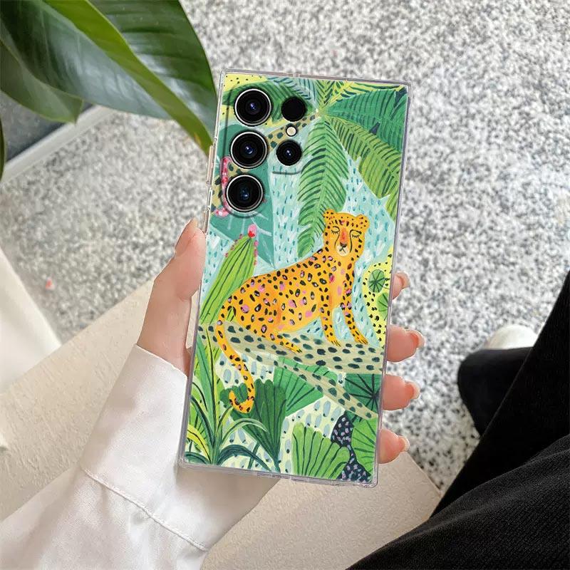 Tropical Jungle Print Leopard Sloth Rainforest Cat Phone Case For Samsung Galaxy S24 S23 Ultra S22 S20 Plus S21 FE Clear Fundas