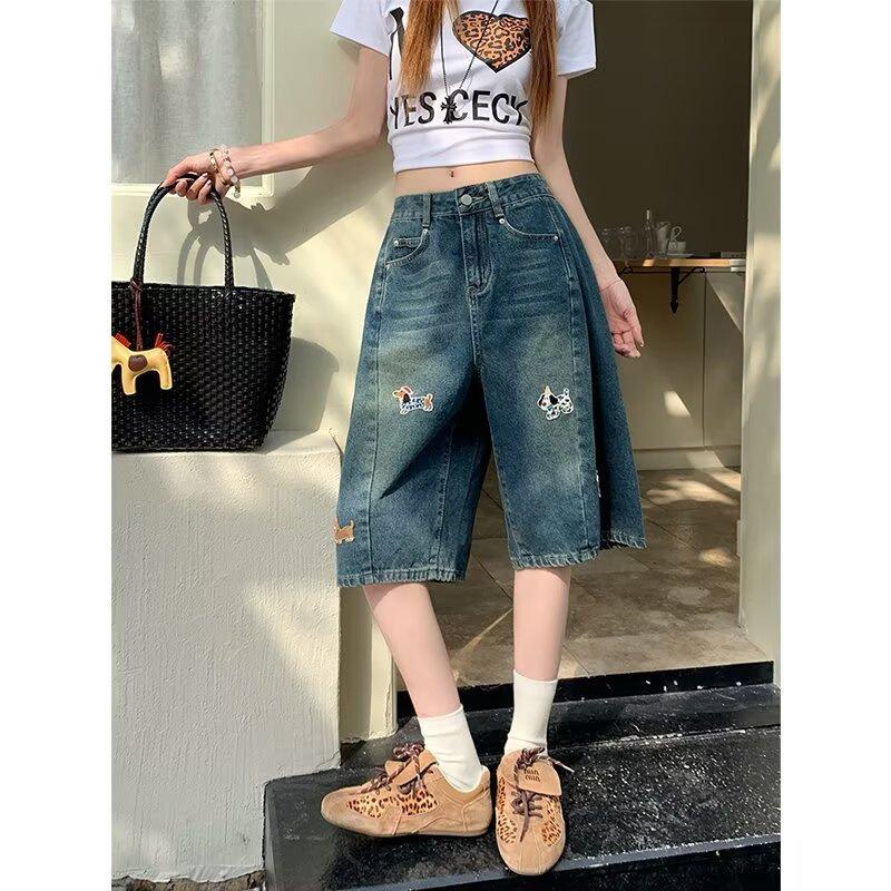 Stylish Embroidered Women's Denim Shorts 2026 Summer Loose Wide-Leg Straight Pants