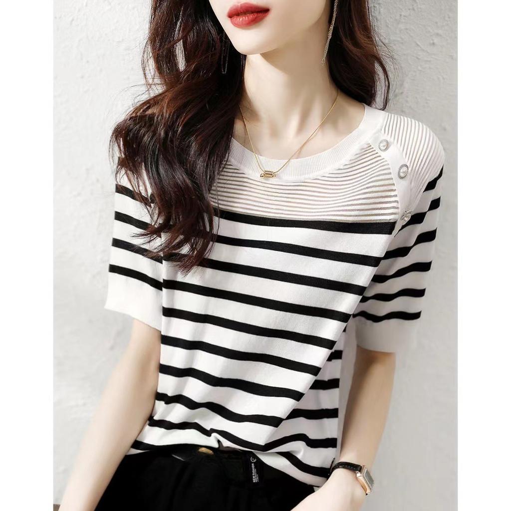 Black and White Striped Short Sleeved Knitted T-shirt Summer Round Neck Pullover Knitted T-shirt
