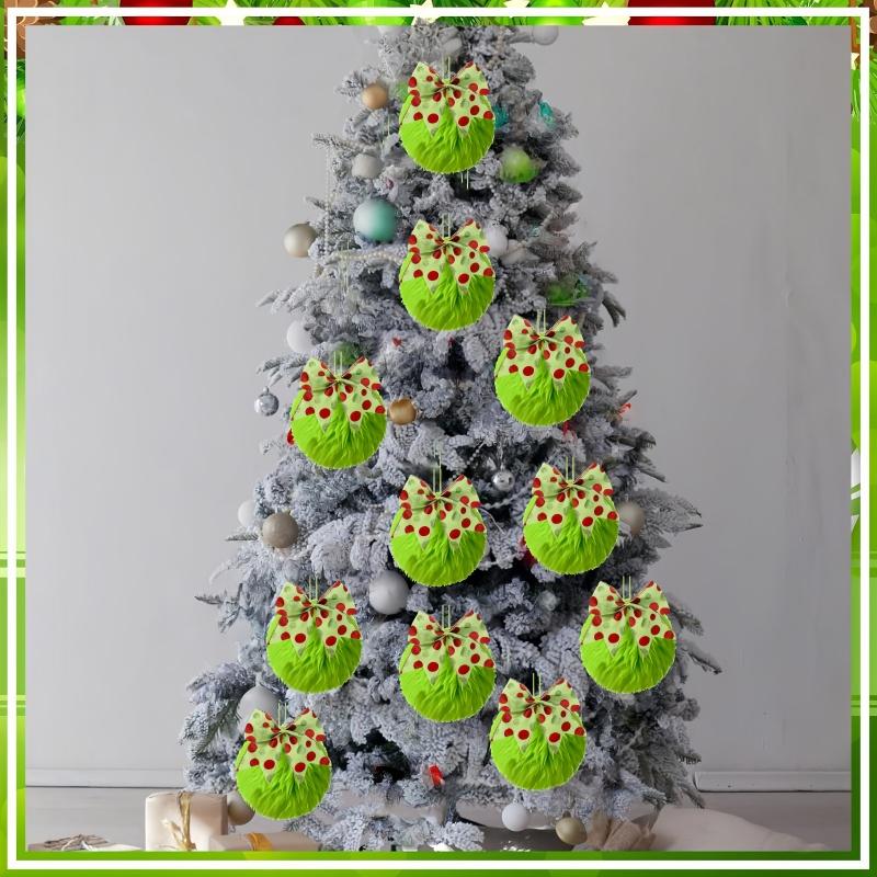 1-12PCS Green Furry Christmas Ball Ornaments with Bow for Tree Christmas Hanging Decor Soft Faux Fur Pom Ball Home Party Supply