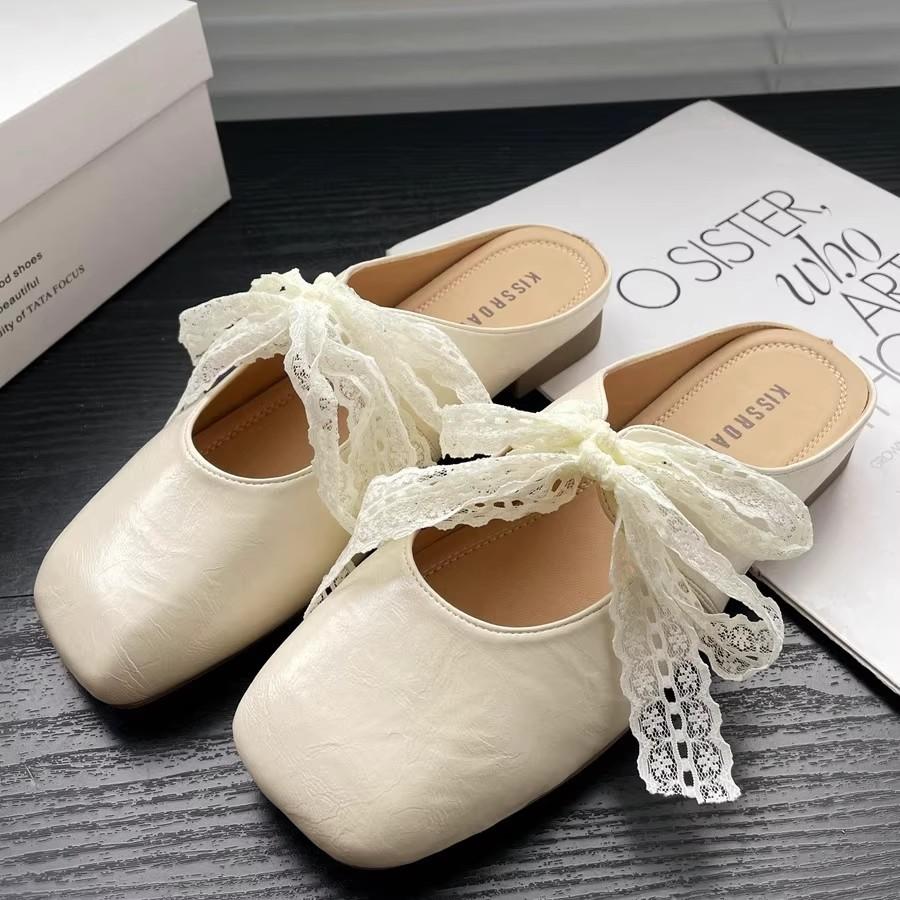 French Bag Head Half Slippers Women's Summer Wear 2025 New Fashion Versatile Small Fragrant Bow Square Head Sandals