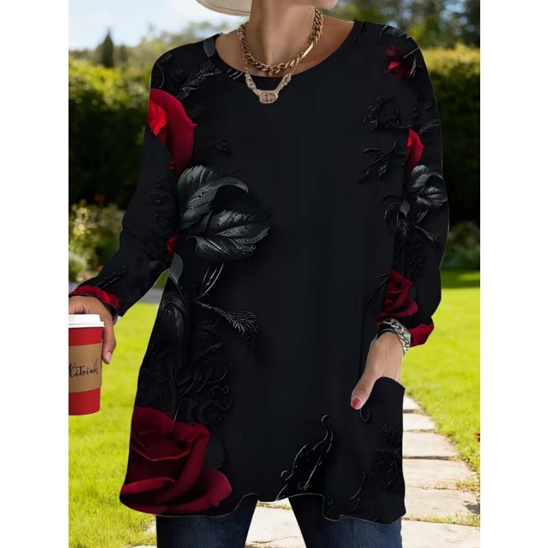 Women's long-sleeved round-neck T-shirt, suitable for spring, autumn and winter seasons. It has pockets and print designs.  machine washable.