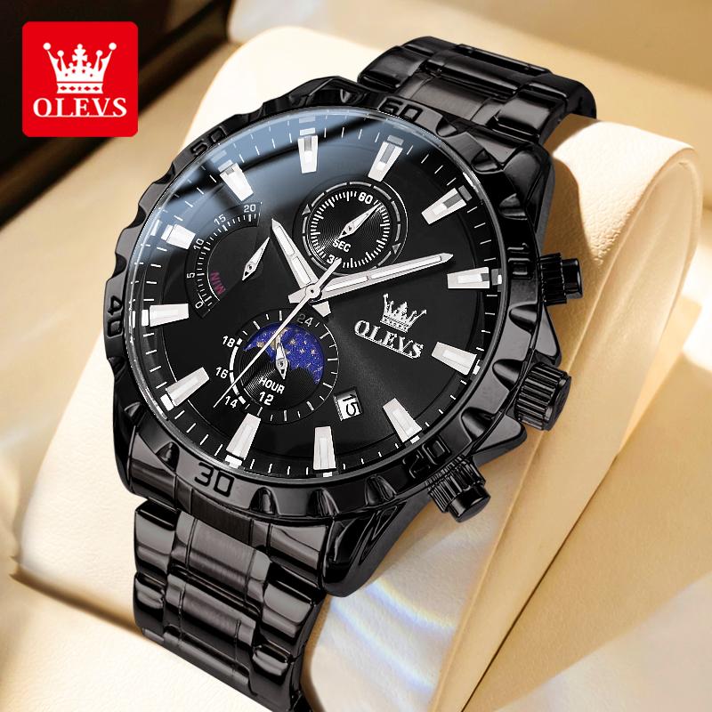 OLEVS 2953 45.5mm Big Dial Men's Watches Stainless Steel Moon Phase Waterproof Chronograph Original Quartz Wrist Watches for Man