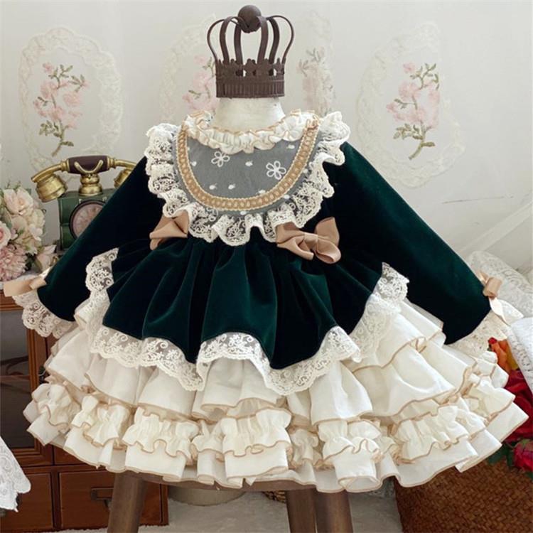 Vestido de Princesa Lolita de Renda de Veludo para Menina Bebê Criança Vintage Elegante Laço Tutu Vestido Natal Bebê