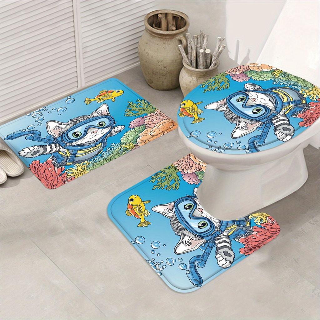 Swin Cat Decorative Shower Curtain Bathroom Set - Machine Washable, With 12 Hooks, Including Toilet Seat Cover And Bathtub Mat