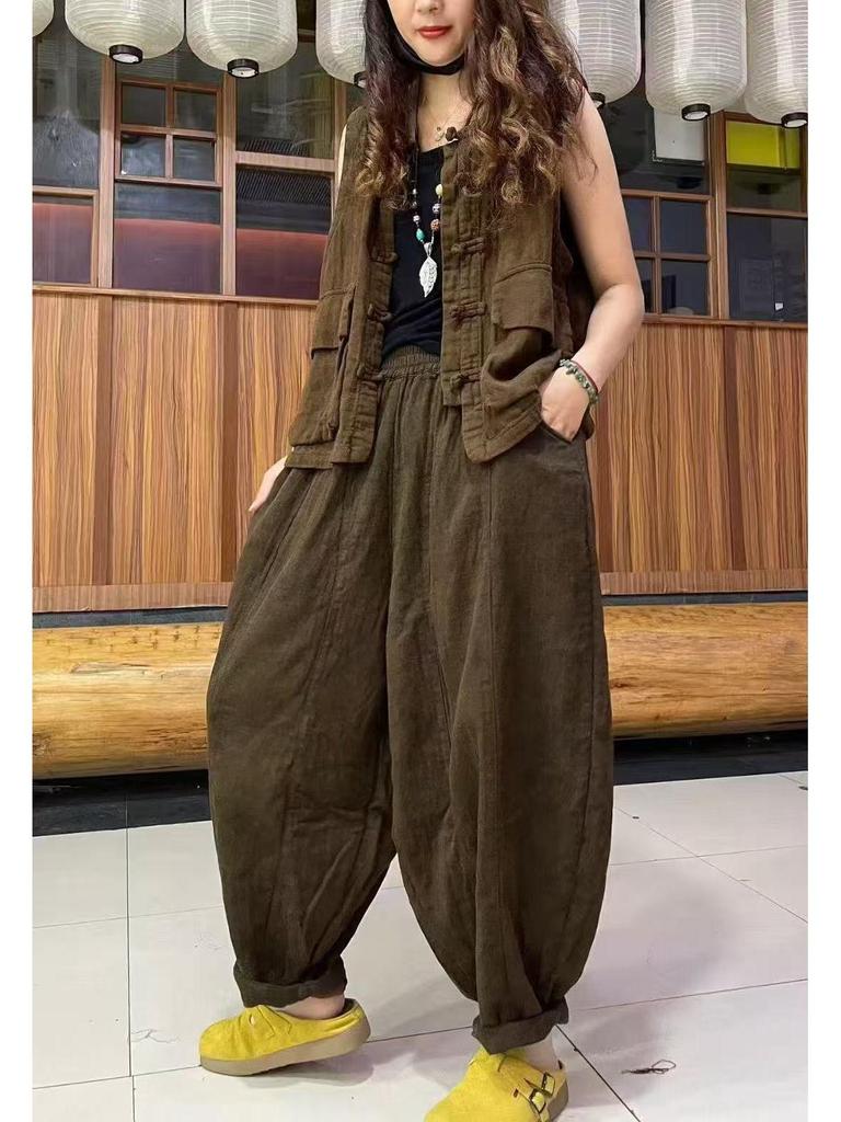 Spring Women's Retro Casual Set: Artistic Vest & Elastic Waist Pants