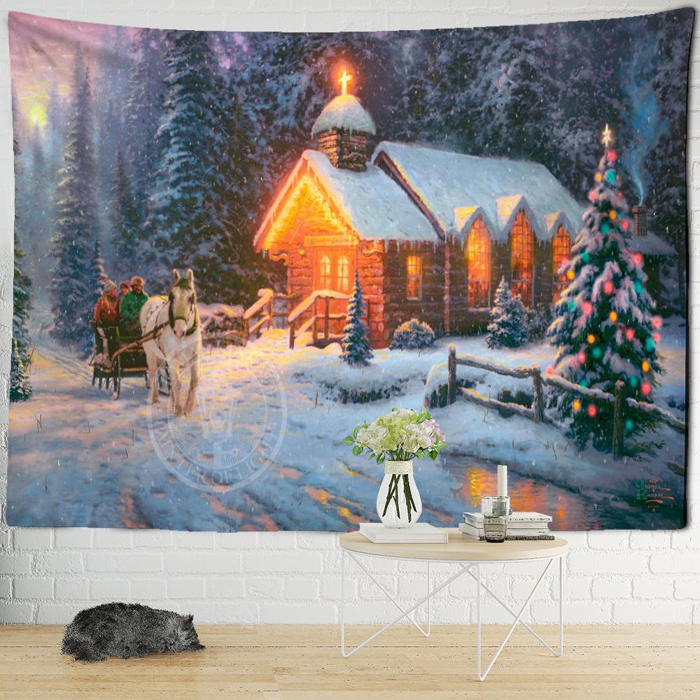 Christmas Snowy Night Travel Map Tapestry Wall Hanging Psychedelic Forest House Illustration Home Living Room Decor