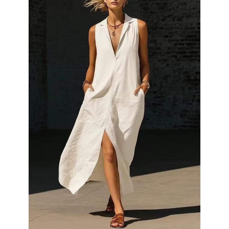 European and American New Women's Clothing, Casual Sleeveless Loose Pocket Women's Long Dress