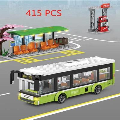 Stadt Verkehr Auto Grün Blau Passagier Bus Station Single-Deck Öffentlichen Set Figuren Modell Bausteine DIY Spielzeug für Jungen geschenke