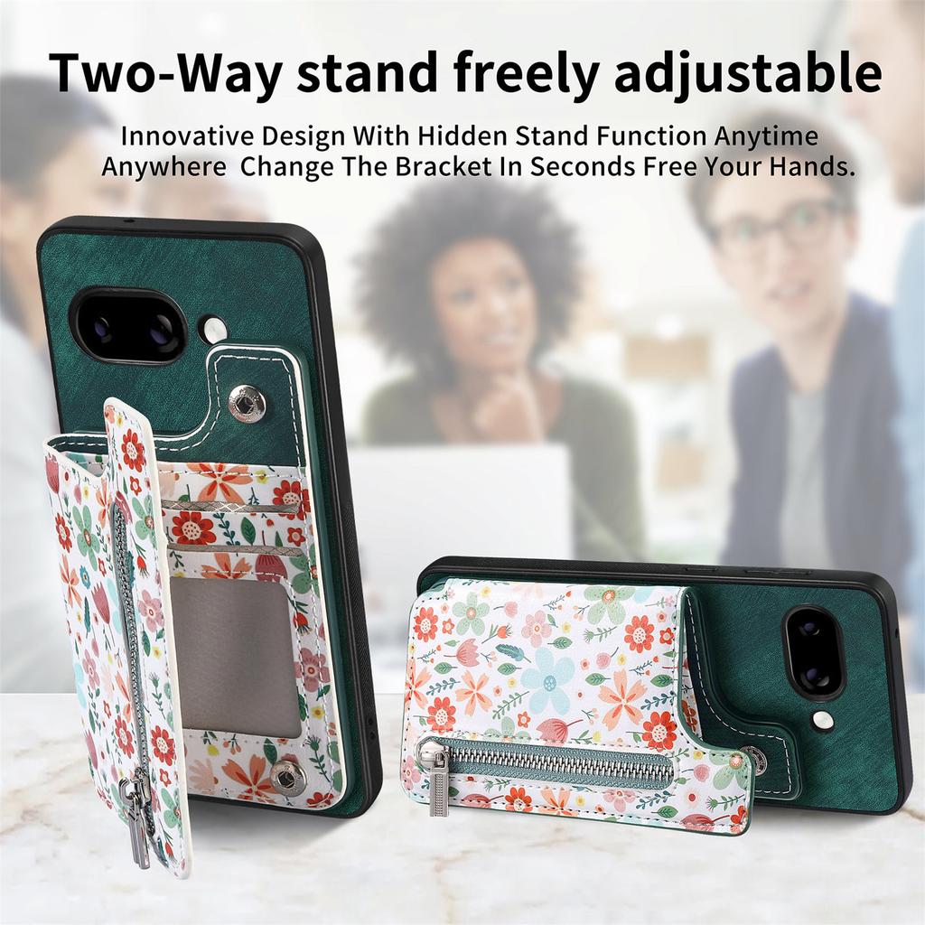 For Google Pixel 9a Leather Phone Cover with RFID Blocking Zipper Card Bag Kickstand