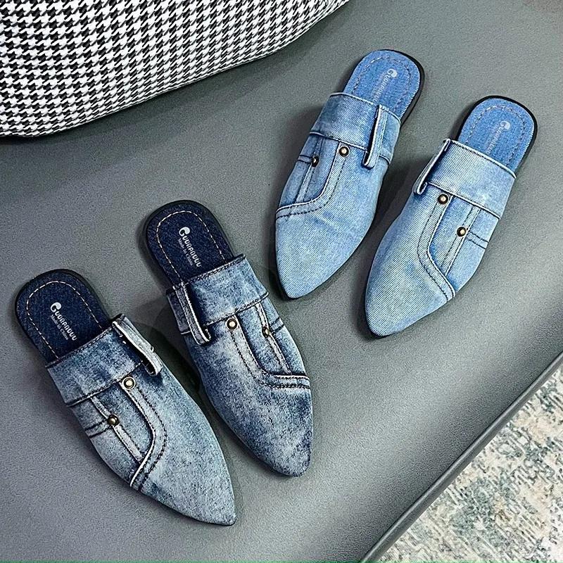 Fashion Classic Pointed Toe Female Mules 2024 New Blue Denim Women's Closed Toe Slippers Fashion Wear Outside Ladies One Word Drag