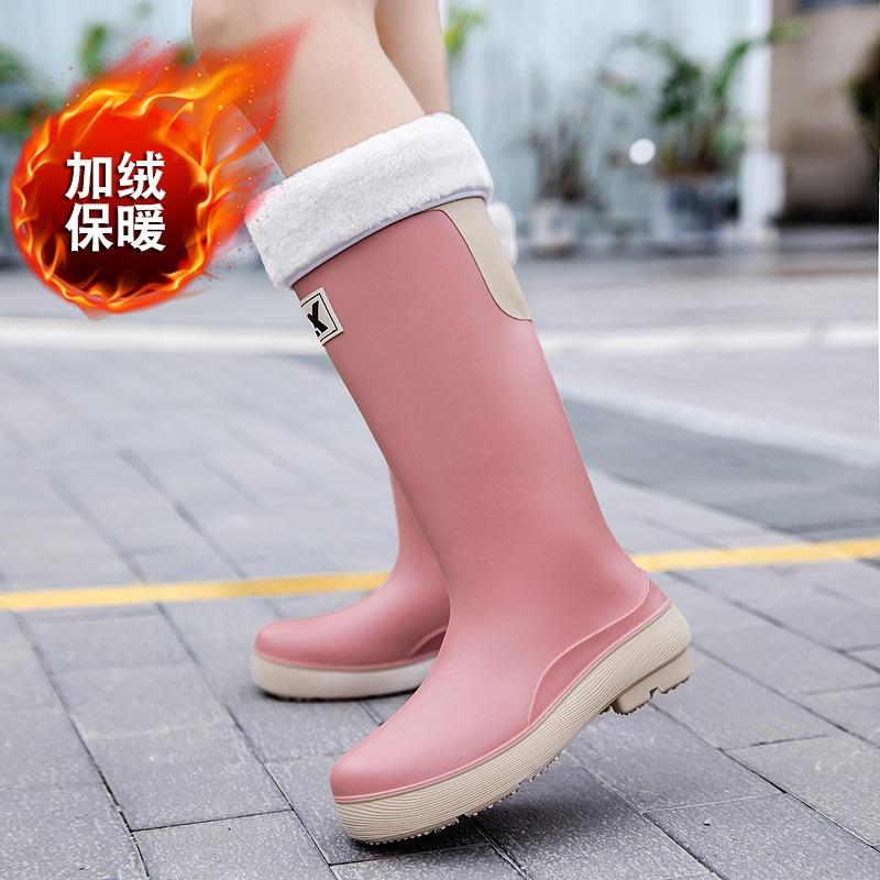 High tube rain shoes women's new fashion rain boots outdoor waterproof shoes rubber shoes fleece thickened long tube water boots women's fashion