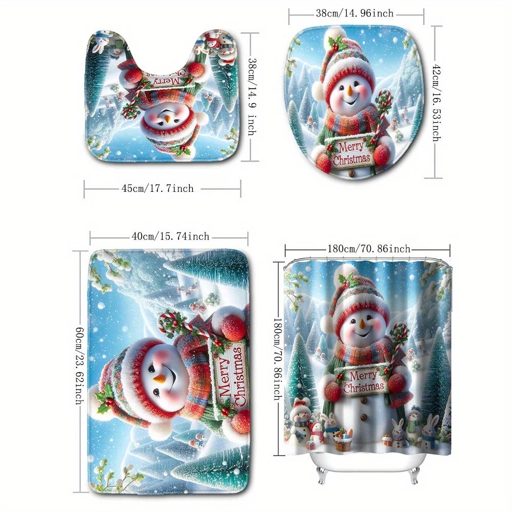 

Jolly Christmas Snowman Family Print Shower Curtain Set With 12 Hooks, Bath Mats, Toilet Seat Cover, And U-Shaped Pads - Waterpr W60H190(CM)-1 Pcs