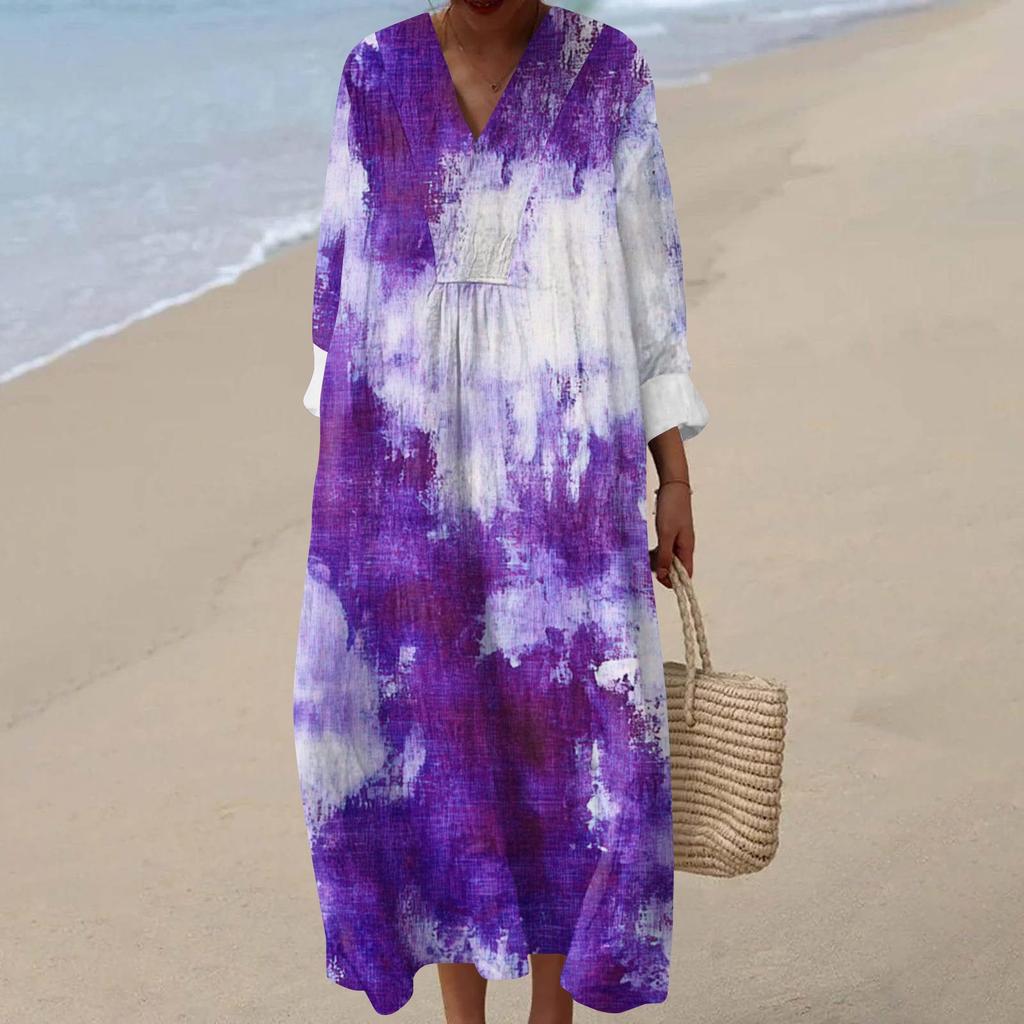 Women's Casual Fashion V-Neck Long Sleeve Floral Print Maxi Dress