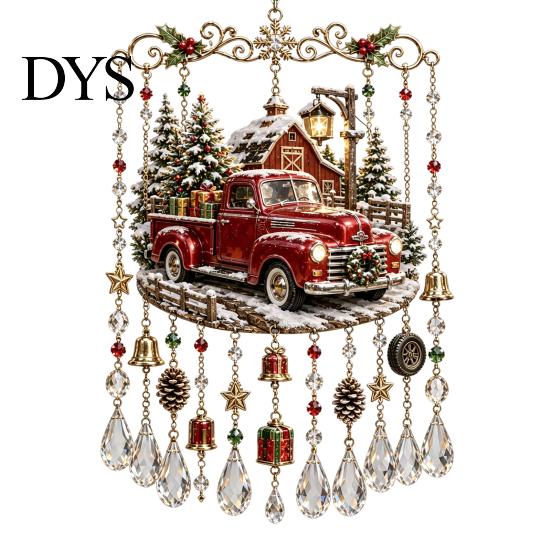 Festive Window Display Christmas Wind Chime with Crystal Bead Chain, Cat Car/Owl Xmas Vintage Train Pendant Pattern Design, Retro Hanging Ornament for