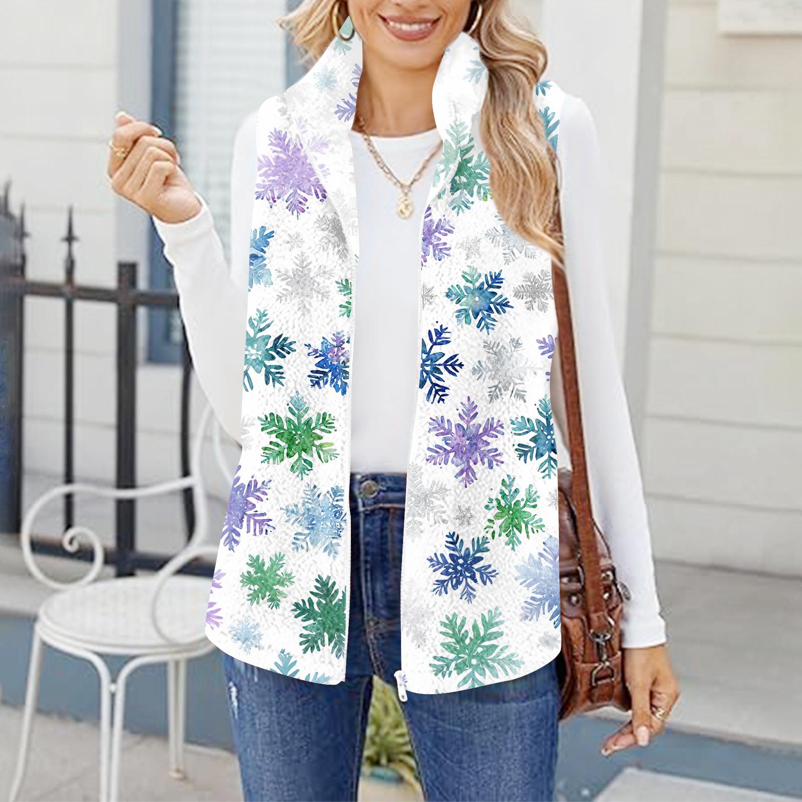 

Женский зимний модный и теплый флисовый кардиган-жилет с принтом снежинок XL белый