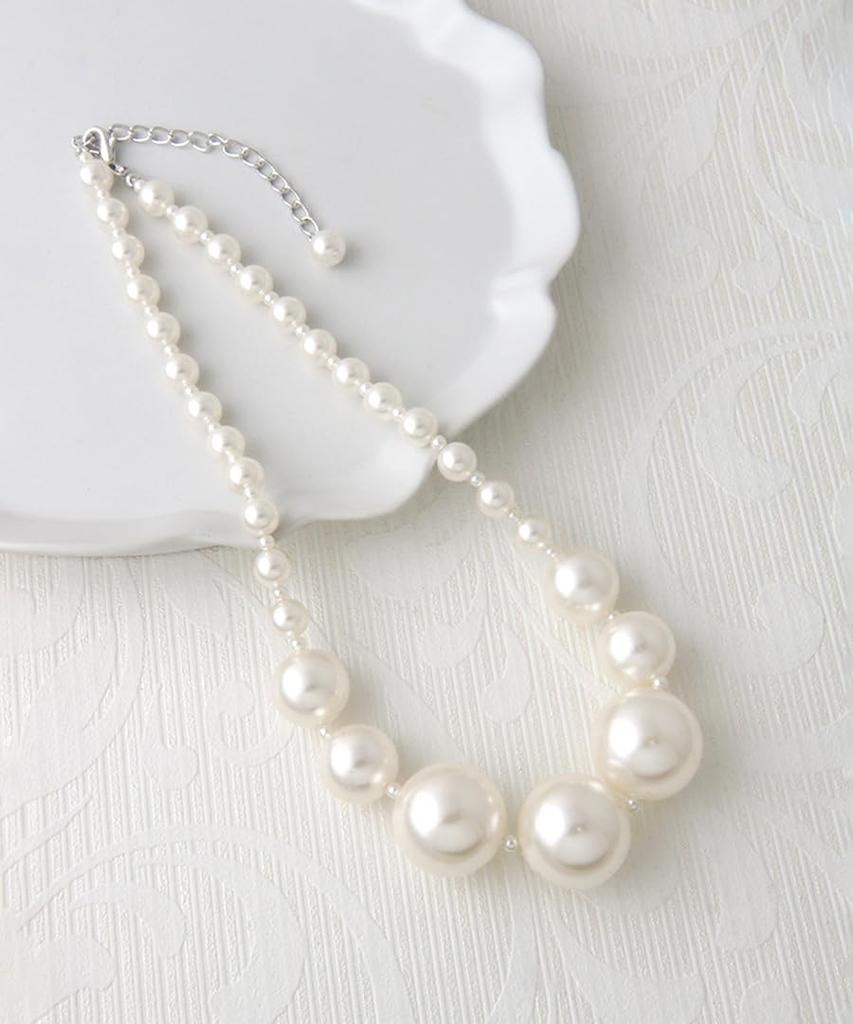 VINGTAINE Pearl Necklace, Gradient Line, Large Pearls, Elegant, for Occasions, Formal Occasions, Receptions, Parties, Weddings, GraduationEntrance