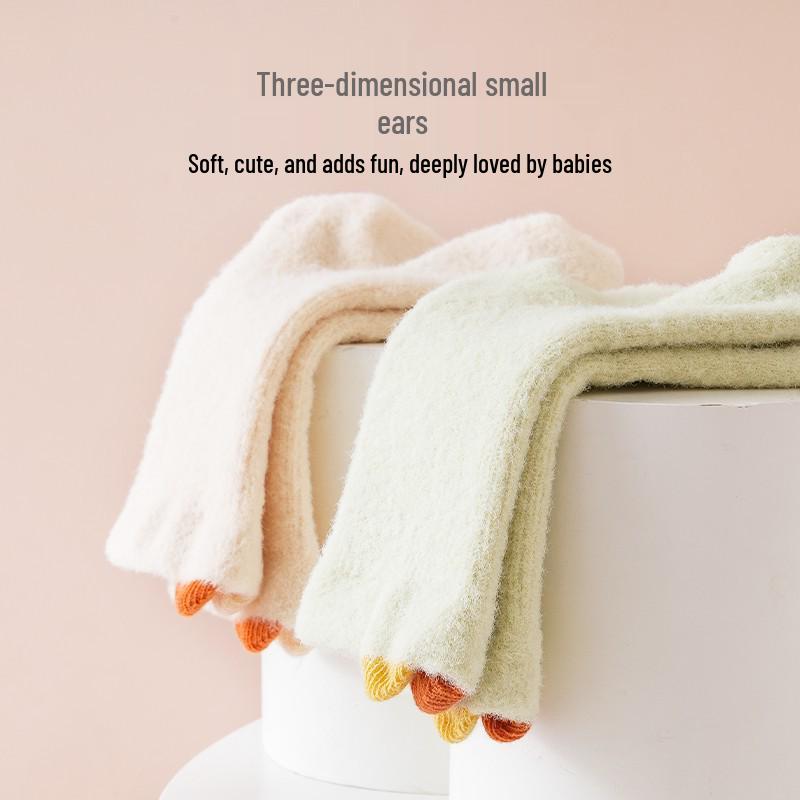 Velvet Lined Baby and Toddler Terry Socks with Ears - Seamless, Solid Color for Autumn/Winter