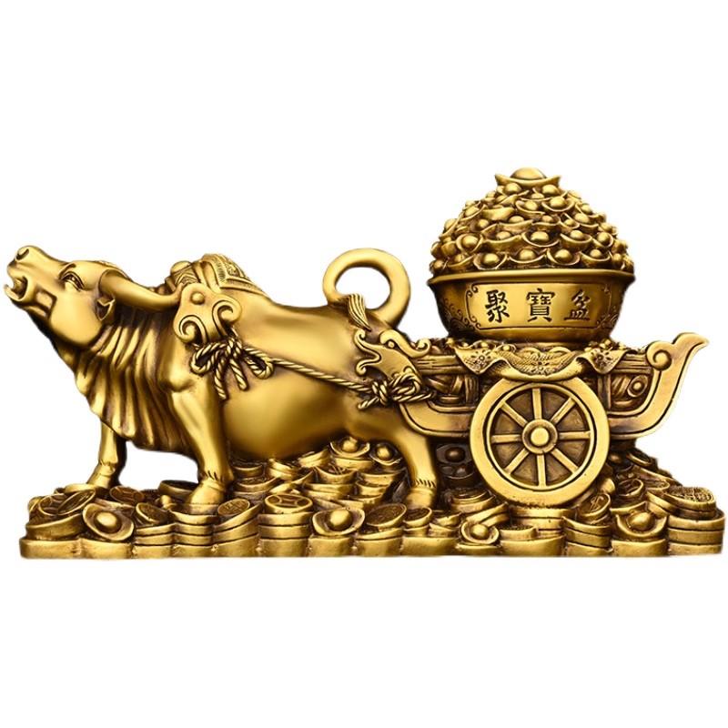 Pure Copper Ox Pulling Treasure Pot Statue Wealth Golden Ox with Cart Full of Gold Ingots, Chinese Zodiac Lucky Animal CraftGift
