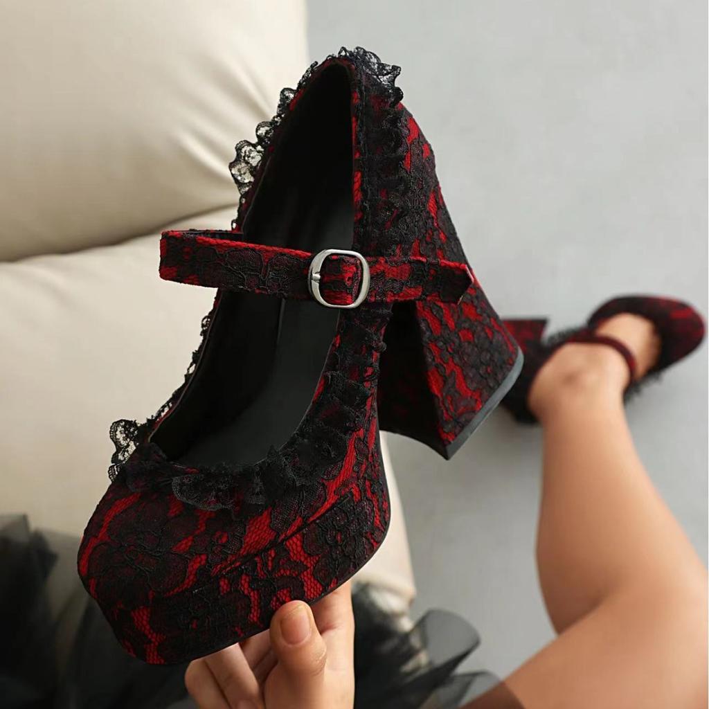 One-word buckle waterproof table high heels elegant LO shoes platform lace hemming Mary Jane shallow mouth single shoes