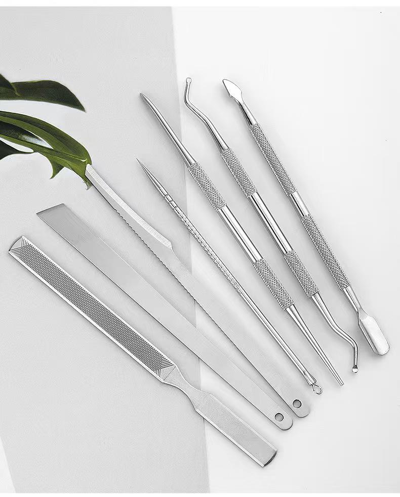 Stainless Steel Manicure & Pedicure Tool Set: Pusher, Blackhead Needle, Nail Cleaner & File