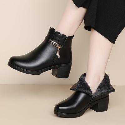 Thick-heeled Cotton Shoes, Winter Fleece, Middle-aged and Elderly Winter Shoes, Middle-aged Women's Shoes, Warm Boots, Winter Non-slip Leather Shoes