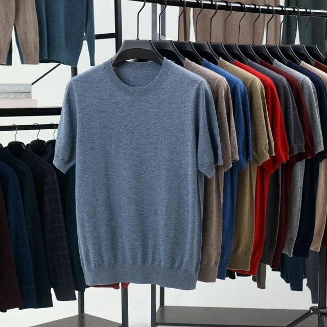 Men's High-Quality Short-Sleeved Knitted Wool Sweater for Spring/Summer