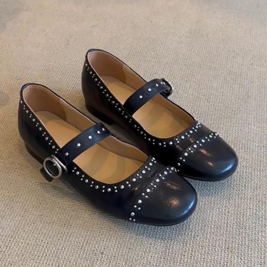 Sheepskin Version~ French Retro Rivet Mary Jane Women's Shoes Shallow Mouth One-word Buckle Single Shoes Versatile Flat Ballet Shoes