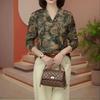 Velour Floral V-Neck Long Sleeve Plus Size Women's Top for Middle-Aged/Elderly