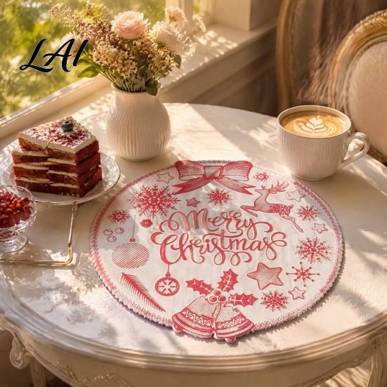 Holiday Dining Table Decor Round Christmas Placemat 15 Inch Waterproof Place Mat Heat Theme Resistant PVC Mat for Party Festive Setting Accessories