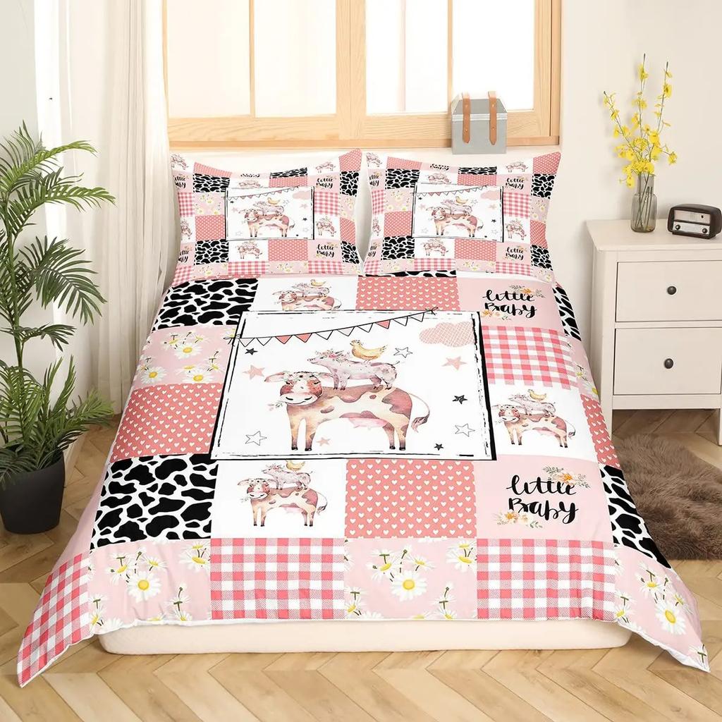 Kreskówkowa Krowa Truskawka Poszewka na Kołdrę Pościel dla Dzieci Młodzieży Chłopców Dziewcząt Prezent Dekoracja Sypialni Zwierzę Duch Słodki Różowy Rozmiar Królowej