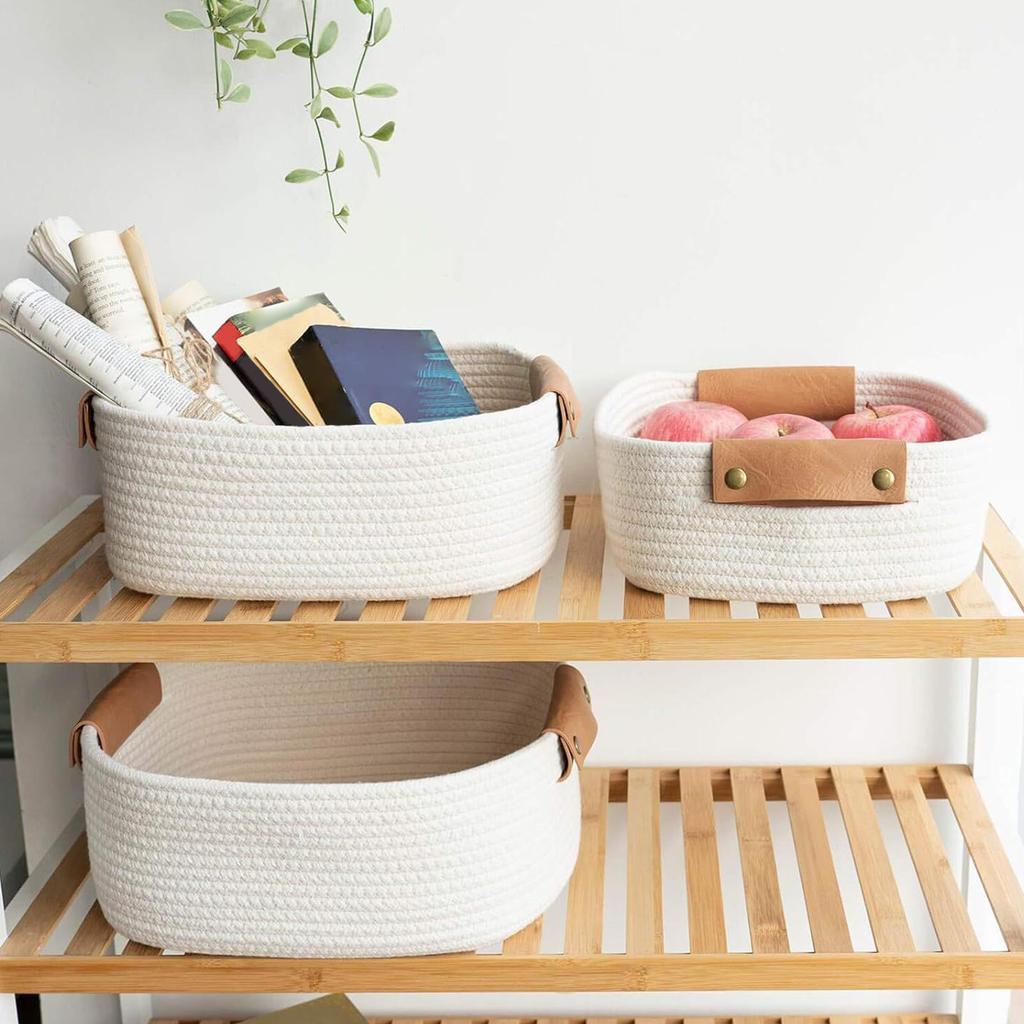 3-piece Storage Basket Cotton Rope Woven Storage Basket Multifunctional Rectangular Storage Basket With Leather Handle