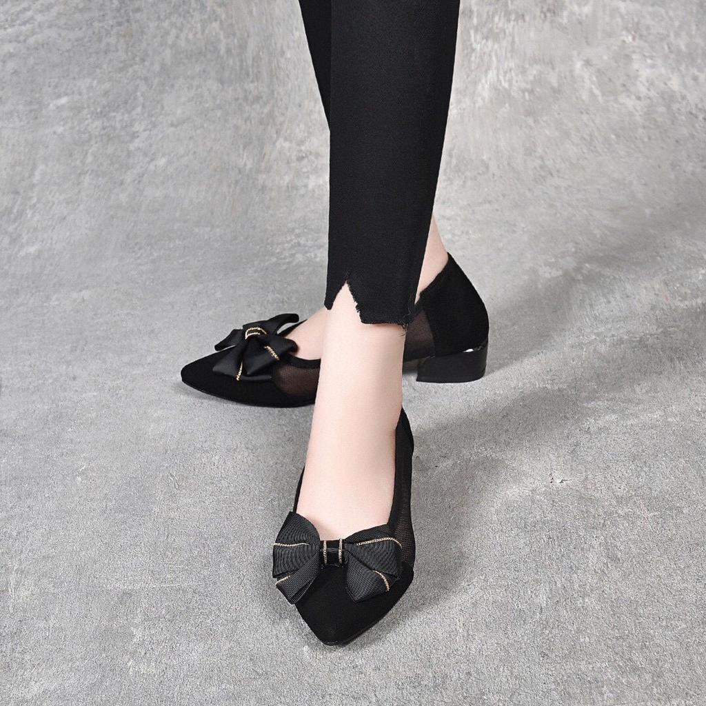 Mesh Shoes Fashion Pointed Bow Small Single Shoes Cashmere One Pedal Thick Heel Mesh Single Shoes