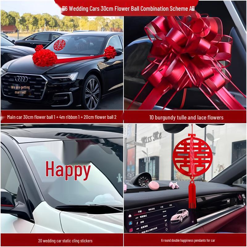 Wedding Car Decoration Set: Ribbons, Flowers, Mirror Arrangements, Double Happiness Stickers