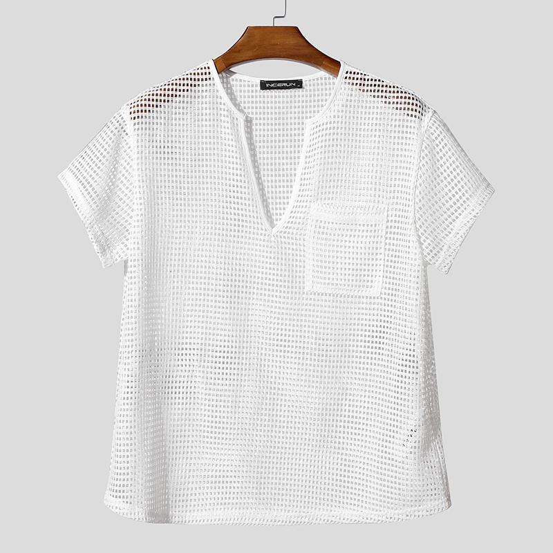 

INCERUN Мужские футболки с коротким рукавом, сетчатые, прозрачные, с вырезами, пляжные топы L белый