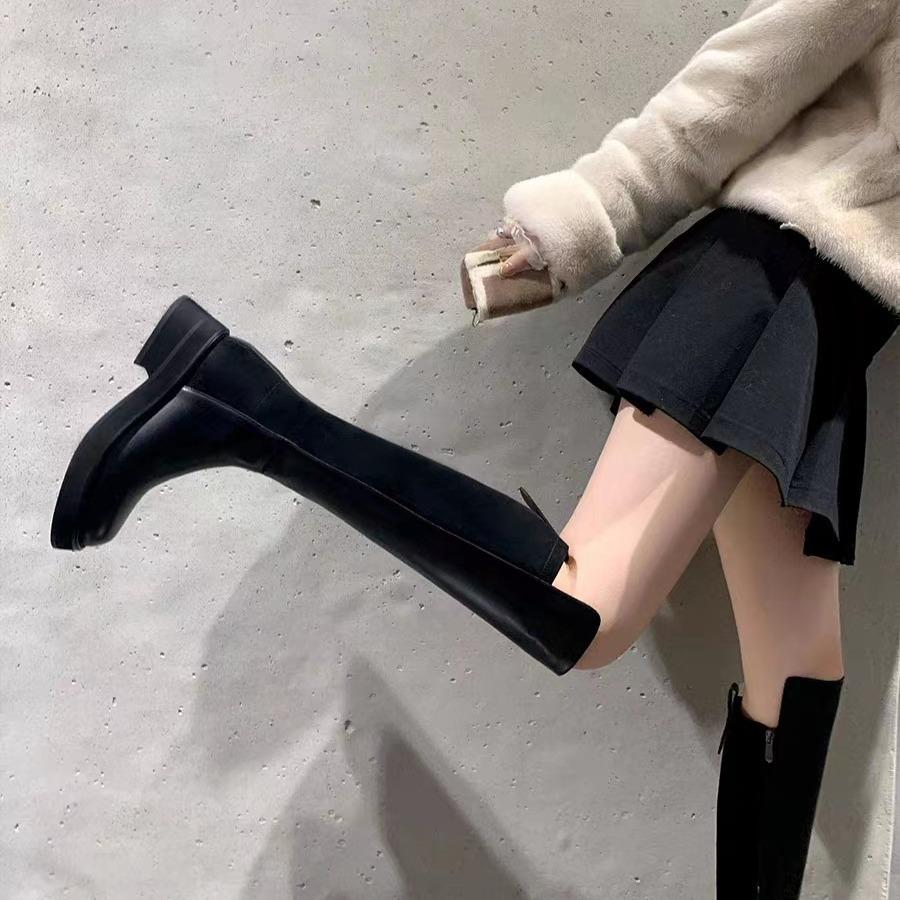 Rindsleder-Version~ 2025 neue dicke Sohle kleine mittlere und lange elastische Reitstiefel Damen Herbst und Winter Leder hohe Stiefel