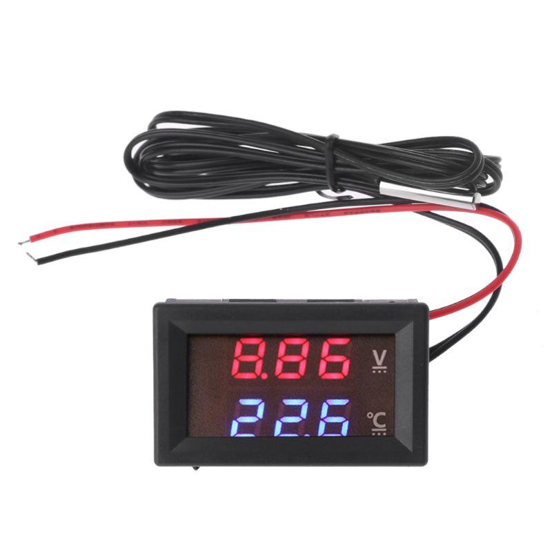 12V 24V Car Voltmeter with Cables LED Digital Display Voltmeter Panel Temperature Gauge Square-shaped Tester