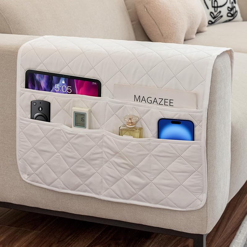 Remote Control Holder for Recliner Armchair Caddy Couch Armrest Organizer, Arm Chair Bedside Caddy Storage Organizer for Recliner Couch With 6 грязно-белый