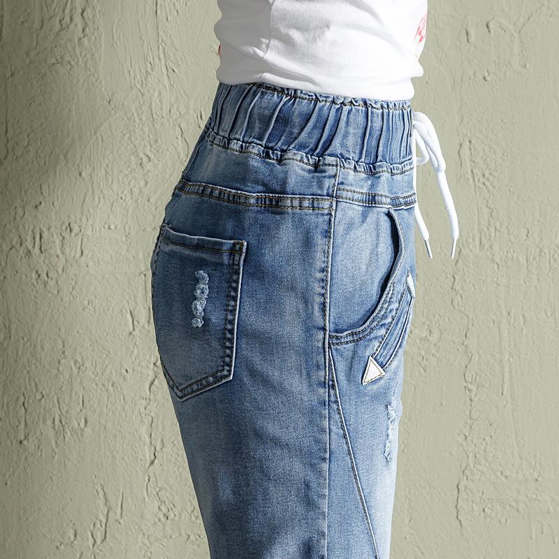 Pantaloni scurți din denim pentru fete de mărime mare, elastici de primăvară, talie înaltă, pantaloni largi rupti cu piciorul lat al cincilea