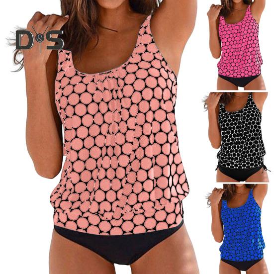 2-teiliges Tankini-Set für Damen, U-Ausschnitt, ärmelloses Oberteil mit Punktdruck, seitlicher Kordelzug, Badehose, schnelltrocknender Badeanzug