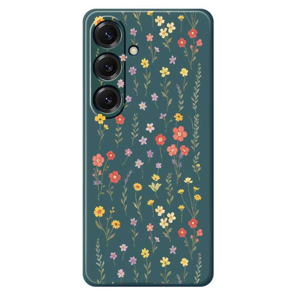 

For Samsung Galaxy S25 Case Flowers and Grass Pattern Printing Straight Edge TPU Phone Back Cover Green