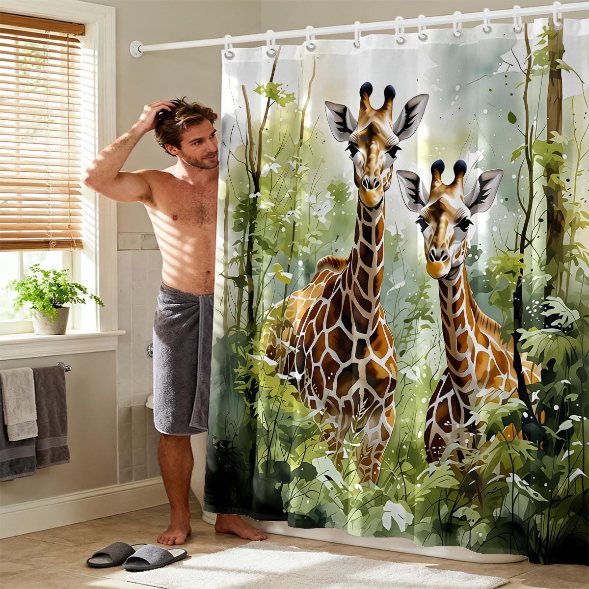 Dunika Chen 1Pc Forest Giraffe Printed Shower Curtain Multi Size Bathroom Partition Privacy Hanging Curtain Fashion Home Decoration
