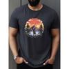 Hiker Sunset Graphic Tee Men Adventure Mountain Print Short Sleeve Casual T-Shirt
