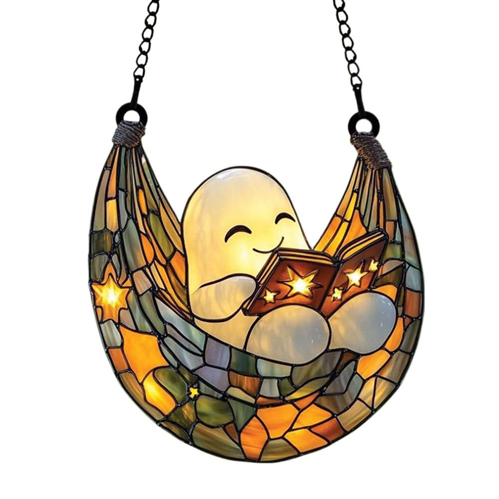 Acrylic Halloween Ghost in Bathtub Window Hanging Ornament Cute Ghost Reading Book Decor Home Bedroom Living Room Decorations